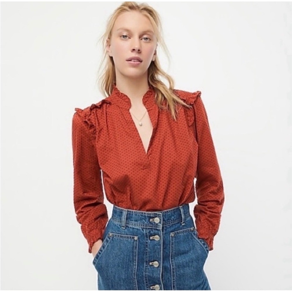 J.Crew Clip Dot Blouse Womens XXS Rust Orange Ruffle Trim AJ033 Cottagecore